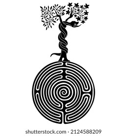 Tree of Eden with devil serpent on top of a round spiral maze or labyrinth symbol. Creative Biblical Christian concept for knowledge of good and evil. Black and white silhouette.