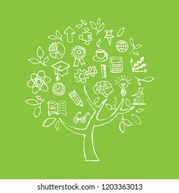 A tree of Education with hand drawn school doodle icons