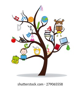 tree with education icons and children reading