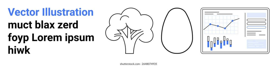 Árvore, contorno da forma do ovo, gráfico de dados analíticos, texto de espaço reservado em Lorem ipsum. Ideal para visualização de dados, referências de natureza, análise de negócios, arte conceitual, materiais educacionais, start-up