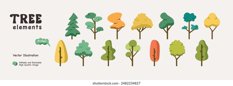 Tres Elementos. Colección de árbol. Ilustración de árboles. Iconos de árbol. Tema del jardín. Ilustración de Naturaleza. Conjunto de ilustraciones de árbol.