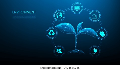 tree environment and ecology technology with sources for renewable icon on blue background. concept of planting trees to help the world. vector illustration fantastic hi-tech design.