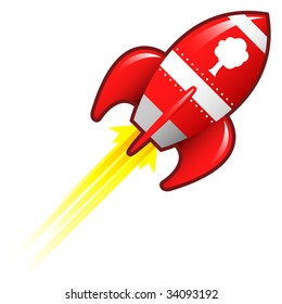 Tree or environment on red retro rocket ship illustration good for use as a button, in print materials, or in advertisements.