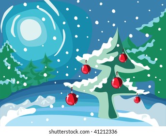 Tree with evening balls in the forest at night, vector illustration