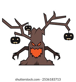 Baum, böse, beängstigend, Gesicht, jackolanterns, halloween, gespenstisch, gruselig, Herbst, Zweige, Augen, grinsen, Zähne, finster, Monster, Kürbisse, Blätter, spukt, Nacht, dunkel, Wald, ghastly, Laternen, Angst, schad