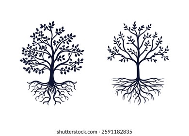 Tree with exposed root silhouette vector line art illustration on white background