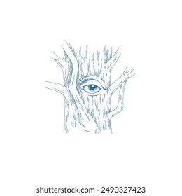 A tree with an eye. Vector illustration in doodle sketch style in blue on a white background.