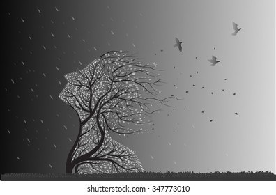 tree face before storm and bird fly out from her branch, black and white plant surrealism icon,,