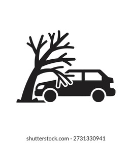Tree fallen on car icon vector illustration showing vehicle crushed by trunk storm damage nature disaster accident insurance concept isolated white background design element