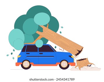 Árbol cayendo sobre la línea de coche ilustración plana de dibujos animados. Auto dañado por el tronco de la planta 2D objetos lineales aislados sobre fondo blanco. Accidente de carretera en la escena del Clima tormentoso Vector color Imagen