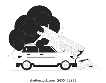 Árbol que cae sobre el coche ilustración plana de dibujos animados en blanco y negro. Auto dañado por la planta tronco 2D lineart caracteres aislados. Accidente de carretera en el Clima tormentoso escena monocroma contorno de Vector Imagen