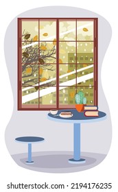 Tree with falling leaves and buildings behind window, rainy autumn day illustration.