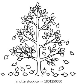 Tree and falling leaves. Vector illustration on the theme of autumn, black outline, Doodle, silhouette on a white background.