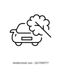 Tree falling on a car line icon. Warning sign, danger, accident, dangerous, unable to control, drunk driving, driver, weather conditions, strong wind. Road traffic concept. Vector line icon.