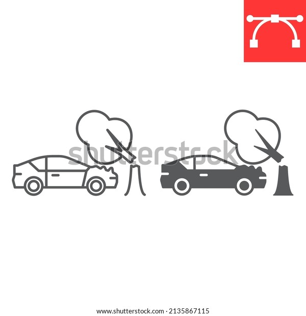 Tree falling on car line and glyph\
icon, insurance and crash, tree falling on vehicle vector icon,\
vector graphics, editable stroke outline sign, eps\
10.