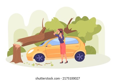 Tree falling on car and woman calling on phone. Accident on road, damaged automobile flat vector illustration. Natural disaster, damage, car insurance concept for banner or landing web page