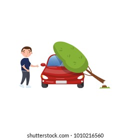 Tree Falling On Vehicle, Man Feeling Shocked, Car Insurance Concept Cartoon Vector Illustration