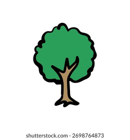 Tree features a simple cartoon style with a green leafy top and brown trunk against a white backdrop representing nature, growth and a cheerful playful mood suitable for children's illustrations.