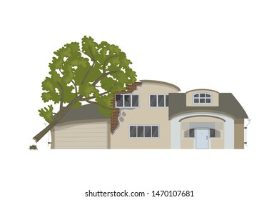 The tree fell on the house. Isolated on a white background.