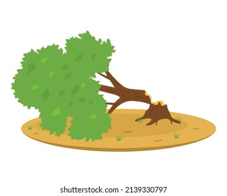 a tree felled by the hurricane blocks the road. flat vector illustration.