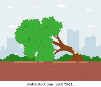 ein Baum, der von einem Hurrikan gefällt wird, blockiert die Straße. flache Vektorgrafik.