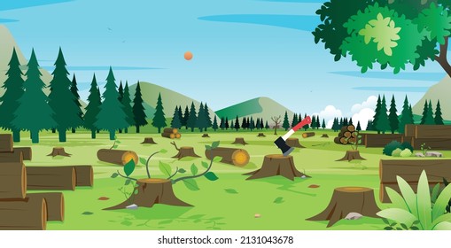 A tree in the felled forest with an ax in its stump. - Shutterstock ID 2131043678