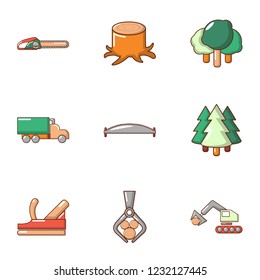 Tree felling icons set. Flat set of 9 tree felling vector icons for web isolated on white background