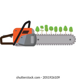 Tree felling symbol. Trees and chainsaw. Protection of Nature.