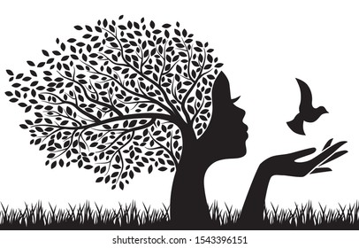 tree with female face and bird, vector