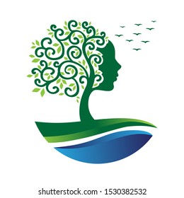 tree with female face, green field, water wave and wild birds, vector 