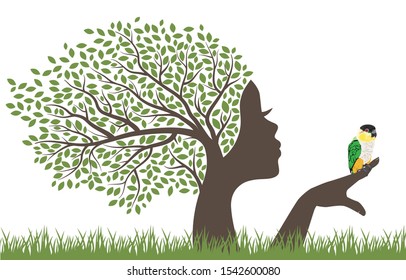 tree with female face holding little parrot, vector