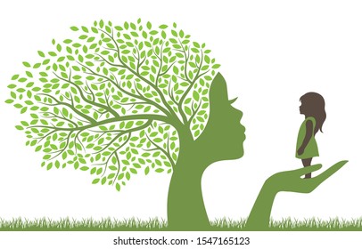 tree with female face holding little girl, vector