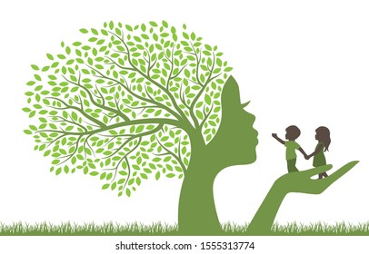 tree with female face holding little boy and girl, vector