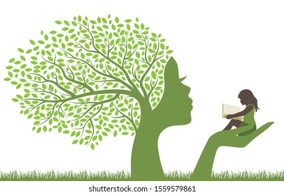 tree with female face holding little girl with open book, vector