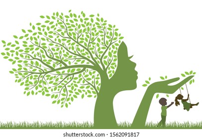 Tree With Female Face Holding Swing For Kids, Vector