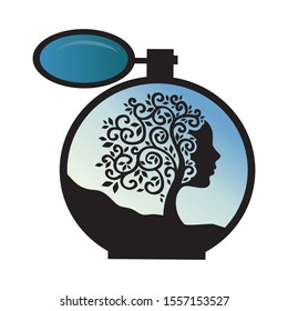 tree with female face inside perfume bottle, vector