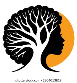 Tree with female face and sunset in behind illustrated in vector style. Artistic nature logo inspired by beauty and harmony concepts.