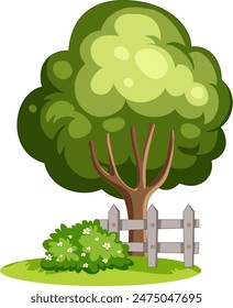 Tree with fence and bush in garden