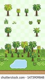 Tree ferns, small ferns, and cycads set for prehistoric forest scene on oblique projection. Images are designed to align into square grid for easy game tile-mapping.