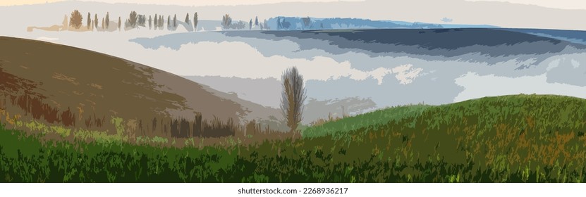 tree in the field. picturesque hills. vector graphics on the theme of landscape