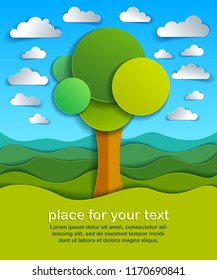 Tree in the field scenic nature landscape cartoon modern style paper cut vector illustration.