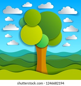 Tree in the field scenic nature landscape cartoon modern style paper cut vector illustration.