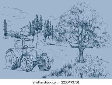 Tree, fields and rural machinery. Vector monochrome handwritten line ink drawn background sketchy in artistic scribble with antique style pen on paper.