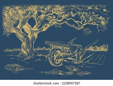 Tree, fields and rural machinery. Vector monochrome handwritten line ink drawn background sketchy in artistic scribble with antique style pen on paper.