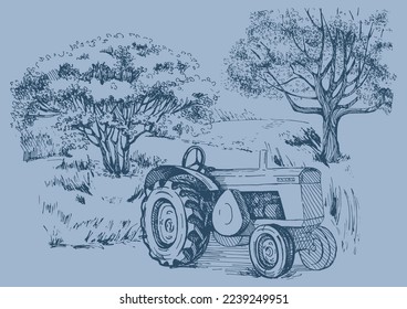 Tree, fields and rural machinery. Vector monochrome handwritten line ink drawn background sketchy in artistic scribble with antique style pen on paper.
