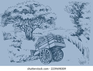 Tree, fields and rural machinery. Vector monochrome handwritten line ink drawn background sketchy in artistic scribble with antique style pen on paper.
