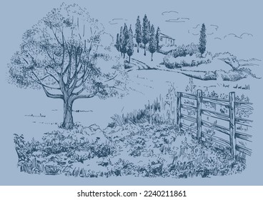 Tree, fields and rural machinery. Vector monochrome handwritten line ink drawn background sketchy in artistic scribble with antique style pen on paper.
