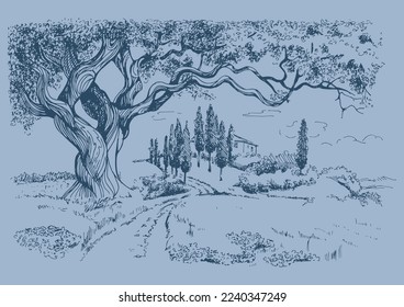 Tree, fields and rural machinery. Vector monochrome handwritten line ink drawn background sketchy in artistic scribble with antique style pen on paper.
