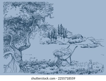 Tree, fields and rural machinery. Vector monochrome handwritten line ink drawn background sketchy in artistic scribble with antique style pen on paper.
