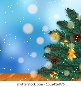 tree fir leaves garland decoration with pine cone, with sky blue background with wood floor for christmas event for poster banner template
